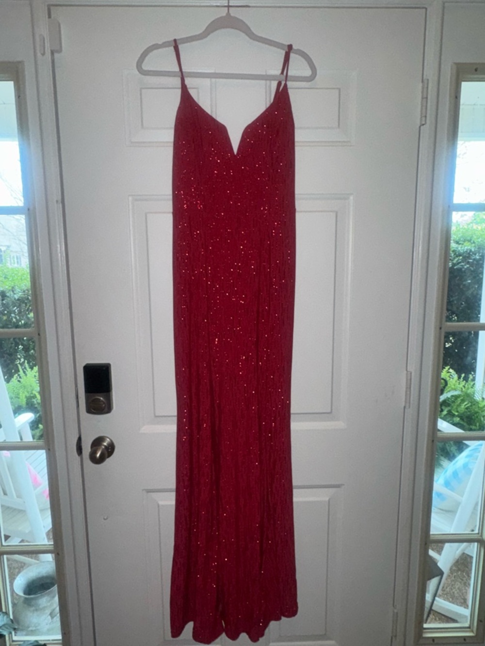 Red Sparkle Spaghetti-Strap Evening Gown